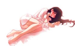 Rule 34 | 1girl, ass, bare legs, barefoot, black hair, blush, breasts, character request, collarbone, commentary request, curled fingers, drunk, feet, fetal position, korean commentary, light smile, long hair, looking at viewer, lying, messy hair, no pants, on floor, on side, original, parted lips, pixel art, red eyes, retro artstyle, shadow, shiny skin, shirt, solo, spoiledmuffin, sunset, toenails, toes, toon (style), traditional media, white background, white shirt