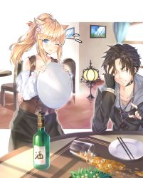 Rule 34 | 1boy, 1girl, ahoge, animal ears, artist request, black hair, blonde hair, blue eyes, bomb (final fantasy), bottle, cat ears, chair, choker, chopsticks, collarbone, cup, d;, earrings, embarrassed, closed eyes, facepalm, final fantasy, final fantasy xiv, fingerless gloves, flower, flying sweatdrops, gloves, hair flower, hair ornament, highres, hyur, ice, ice cube, index finger raised, jewelry, lamp, miqo&#039;te, necklace, one eye closed, open mouth, plate, ponytail, poster (object), spill, table, tray, wine bottle