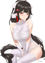 Rule 34 | 1girl, absurdres, artist name, azur lane, black hair, blush, breasts, brown eyes, china dress, chinese clothes, closed mouth, covered navel, dress, elbow gloves, feet out of frame, fingerless gloves, garter straps, gloves, hair ribbon, highres, ichikushi mojibake, lips, long hair, looking at viewer, medium breasts, official alternate costume, ponytail, ribbon, sitting, smile, solo, takao (azur lane), takao (the lessons of spring) (azur lane), thighhighs, very long hair, white background, white dress, white gloves, white ribbon, white thighhighs
