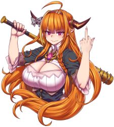 Rule 34 | 1girl, ahoge, barbed wire, baseball bat, black jacket, blonde hair, bow, braid, breasts, brooch, censored, censored gesture, center opening, cleavage, closed mouth, collared shirt, commentary, diagonal-striped bow, dragon horns, hairband, holding, holding baseball bat, hololive, horn bow, horn ornament, horns, jacket, jewelry, kiryu coco, kiryu coco (1st costume), large breasts, long hair, looking at viewer, middle finger, mosaic censoring, multicolored hair, orange hair, over shoulder, pointy ears, purple eyes, shirt, side braid, six suke, smile, solo, striped, transparent background, two-tone hair, upper body, virtual youtuber, weapon, weapon over shoulder, white background, white shirt, wing collar
