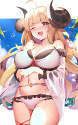 Rule 34 | 1girl, ;d, absurdres, ahoge, anila (granblue fantasy), anila (summer) (granblue fantasy), bikini, blonde hair, blue sky, blunt bangs, blush, breasts, cloud, commentary request, day, detached sleeves, draph, fang, fantongjun, granblue fantasy, highres, horns, large breasts, long hair, looking at viewer, navel, one eye closed, open mouth, sheep horns, skin fang, sky, smile, solo, sweat, swimsuit, white bikini