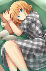 Rule 34 | 1girl, alice margatroid, alternate costume, bad id, bad pixiv id, blonde hair, blue eyes, blush, book, bookmark, bracelet, casual, checkered clothes, checkered dress, contemporary, couch, dress, expressionless, feet out of frame, hair between eyes, highres, jewelry, looking at viewer, lying, hugging object, on side, open book, pillow, pillow hug, short hair, solo, touhou, unmoving pattern, yuki (snowmaiden)