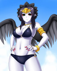 Rule 34 | 1girl, :&lt;, armlet, armpits, bare shoulders, bikini, black bikini, black hair, black wings, blue sky, blush, body blush, bracelet, breasts, cleavage, closed mouth, collarbone, colored sclera, colored skin, contrapposto, cowboy shot, day, duel monster, emblem, fabled grimro, female focus, fingernails, green eyes, groin, hair ornament, hands on own hips, headpiece, jewelry, large breasts, long fingernails, long hair, looking at viewer, monster girl, multicolored eyes, nail polish, navel, necklace, o-ring, o-ring bottom, o-ring top, pale skin, pataneet, pointy ears, red nails, red sclera, ring, skindentation, sky, solo, standing, swimsuit, thigh gap, tiara, white skin, wings, yu-gi-oh!, yu-gi-oh! duel monsters