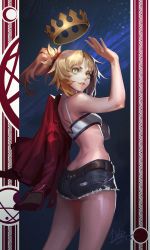 Rule 34 | 1girl, ass, belt, butt crack, coat, cowboy shot, crown, dimples of venus, fate/apocrypha, fate (series), gluteal fold, green eyes, hellsing7, highres, looking back, mordred (fate), mordred (fate/apocrypha), mordred (memories at trifas) (fate), ponytail, shorts, shoulder blades, smile, solo, standing, waving