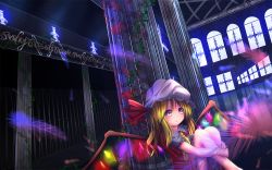 Rule 34 | 1girl, alternate eye color, alternate hair length, alternate hairstyle, ascot, bad id, bad pixiv id, bare legs, blonde hair, blood, blood splatter, chinomaron, dutch angle, feathers, flandre scarlet, hat, hat ribbon, indoors, hugging own legs, long hair, looking at viewer, mob cap, pillar, plant, puffy short sleeves, puffy sleeves, ribbon, short sleeves, sitting, skirt, skirt set, solo, touhou, triangle mouth, vines, window, wings, yellow eyes