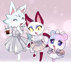 Rule 34 | 3girls, alternate costume, animal crossing, animal ears, bag, bear, bear girl, blue coat, blue eyes, blue skin, bow, cat, cat girl, closed eyes, coat, colored sclera, colored skin, cup, disposable cup, dot nose, dress, drink, fang, fish charm, floral print, frills, full body, gradient background, hair bow, heart, highres, holding, holding bag, holding drink, jewelry, judy (animal crossing), loveycloud, mole, mole under eye, multicolored skin, multiple girls, necklace, nintendo, olivia (animal crossing), open mouth, outline, purple eyes, purple skin, red skin, ribbon, sparkle, sparkle background, sparkling eyes, standing, standing on one leg, tail, walking, white bow, white dress, white outline, white ribbon, white skin, whitney (animal crossing), wolf, wolf girl
