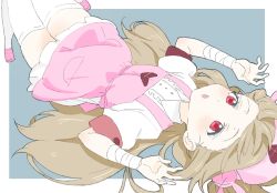 Rule 34 | 1girl, absurdres, apron, armband, bad id, bad twitter id, bandages, blush, collared shirt, commentary, donguri suzume, hair ornament, hat, heart, highres, legs up, light brown hair, long hair, lying, natori sana, nurse cap, on back, on floor, open mouth, pink apron, pink footwear, pink hat, puffy short sleeves, puffy sleeves, rabbit hair ornament, red eyes, sana channel, shirt, short sleeves, solo, thighhighs, two side up, virtual youtuber, white thighhighs, zettai ryouiki