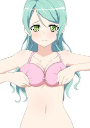 Rule 34 | 10s, 1girl, animated, animated gif, aqua hair, bang dream!, bare shoulders, blush, bouncing breasts, bra, bra lift, breasts, closed mouth, frown, green eyes, hikawa sayo, lifting own clothes, long hair, looking at viewer, medium breasts, navel, nipples, out-of-frame censoring, pink bra, sakamata (sakamata4), simple background, solo, standing, underwear, undressing, white background