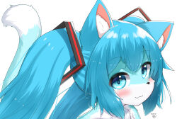 Rule 34 | 1girl, animal ears, blue eyes, blue hair, blush, cat ears, cat girl, cat tail, closed mouth, commentary request, dated, fang, fang out, furrification, furry, furry female, hair ornament, hatsune miku, highres, horokusa (korai), long hair, looking at viewer, medium bangs, portrait, sidelocks, simple background, skin fang, smile, solo, tail, twintails, upper body, vocaloid, white background