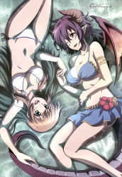 Rule 34 | 10s, 2girls, :d, ;d, absurdres, anne (shingeki no bahamut), bikini, bikini skirt, blush, breasts, brown hair, cleavage, dragon girl, dragon horns, dragon tail, dragon wings, from above, grea (shingeki no bahamut), holding hands, hand on own stomach, happy, highres, holding another&#039;s tail, horns, large breasts, long hair, lying, manaria friends, medium breasts, megami magazine, multiple girls, navel, o-ring, o-ring bottom, o-ring top, official art, on back, on side, one eye closed, open mouth, outdoors, pointy ears, purple eyes, purple hair, shingeki no bahamut, shingeki no bahamut: manaria friends, short hair, grey eyes, smile, swimsuit, tail, underboob, wet, wings, yin yang, yokomatsu yuuma