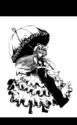 Rule 34 | 1girl, acryl, bangle, boots, bracelet, breasts, closed mouth, commentary request, dress, folding fan, frilled dress, frills, full body, greyscale, hand fan, hat, hat ribbon, highres, holding, holding fan, holding umbrella, impossible tabard, jewelry, long hair, long sleeves, looking at viewer, medium breasts, mob cap, monochrome, parasol, ribbon, simple background, solo, standing, tabard, touhou, umbrella, wide sleeves, yakumo yukari