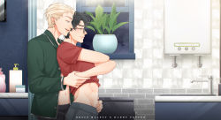Rule 34 | 2boys, abs, black hair, blonde hair, blue eyes, character name, closed mouth, clothes lift, cloud, collar, draco malfoy, earrings, faucet, glasses, green eyes, hand on another&#039;s stomach, harry potter, harry potter (series), holding hands, indoors, jewelry, male focus, ming cha, multiple boys, navel, night, parted lips, plant, potted plant, profile, scar, scar on face, scar on forehead, short hair, sky, stomach, window, wing collar, wizarding world, yaoi