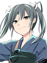 Rule 34 | 10s, 1girl, closed mouth, eyebrows, green eyes, hair between eyes, hair ribbon, ica, kantai collection, looking at viewer, multicolored hair, muneate, portrait, ribbon, simple background, smile, solo, twintails, twitter username, two-tone hair, white background, white ribbon, zuikaku (kancolle)