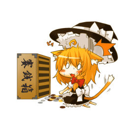 Rule 34 | 1girl, animal ears, box, cat ears, cat girl, cat tail, chibi, donation box, female focus, hat, kemonomimi mode, kirisame marisa, simple background, skirt, solo, tail, theft, touhou, white background, witch, witch hat