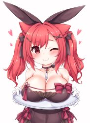 Rule 34 | 1girl, ;3, absurdres, animal ears, azur lane, bare shoulders, black choker, blush, bow, breast rest, breasts, breasts on tray, brown leotard, cat ears, cat girl, choker, cleavage, closed mouth, collarbone, commentary request, covered navel, cowboy shot, fake animal ears, frilled leotard, frills, gloves, hair between eyes, hair bow, hair ornament, heart, highres, holding, holding tray, i-19 (azur lane), i-19 (blossoming bunny) (azur lane), kinomiki nobori, large breasts, leotard, long hair, looking at viewer, official alternate costume, one eye closed, pantyhose, playboy bunny, rabbit ears, red eyes, red hair, sidelocks, simple background, smile, solo, standing, strapless, strapless leotard, tray, twintails, white background, white gloves, x hair ornament
