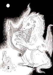 Rule 34 | 1girl, ajitsuke nori, asymmetrical horns, braid, braided ponytail, broken horn, dragon, dress, eye contact, from side, full moon, harp, highres, horns, instrument, lantern, long hair, long sleeves, looking at animal, looking at another, monochrome, moon, music, night, night sky, original, playing instrument, profile, puffy long sleeves, puffy sleeves, single braid, size difference, sky, smile