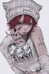 Rule 34 | 1girl, absurdres, arm tattoo, bandaid, bandaid on arm, beanie, brown eyes, collarbone, crop top, detached sleeves, fingernails, grey background, grey hat, hat, highres, jewelry, leaning to the side, lip piercing, long fingernails, looking at viewer, mano aaa, multiple rings, necklace, original, piercing, red hair, red lips, red nails, ring, sharp fingernails, short hair, sleeves past wrists, smirk, solo, stuffed animal, stuffed toy, tank top, tattoo, teddy bear, white tank top