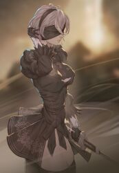 Rule 34 | 2b (nier:automata), absurdres, arttoru, black gloves, breasts, gloves, highres, holding, holding weapon, medium breasts, nier:automata, nier (series), sword, thick thighs, thighs, weapon, white hair