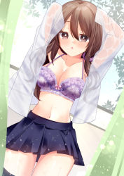 Rule 34 | 1girl, :o, arms behind head, arms up, black skirt, black thighhighs, blush, bow, bow bra, bra, breasts, brown eyes, brown hair, cleavage, collarbone, commentary request, curtains, dutch angle, hair between eyes, hair ornament, hair scrunchie, highres, long hair, medium breasts, misaki (misaki86), moe2022, navel, open clothes, open shirt, original, parted lips, pleated skirt, purple bra, purple scrunchie, revision, scrunchie, see-through, shirt, skirt, solo, thighhighs, underwear, very long hair, wet, wet clothes, wet shirt, window