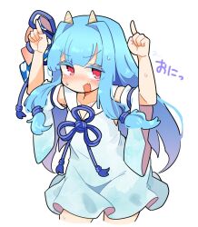 Rule 34 | 1girl, arms up, blue ribbon, blush, collarbone, colored eyelashes, cone horns, cropped legs, detached sleeves, dress, embarrassed, fang, floating hair, flower knot, hair intakes, hair ribbon, highres, horns, horns pose, ini (inunabe00), kotonoha aoi, long hair, looking at viewer, low-tied sidelocks, neck ribbon, nervous smile, nose blush, open mouth, red eyes, ribbon, short dress, sidelocks, simple background, skin fang, sleeveless, sleeveless dress, smile, solo, sweat, translation request, v-shaped eyebrows, voiceroid, white background, wide sleeves