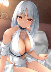 Rule 34 | 1girl, azur lane, bad id, bad pixiv id, bare shoulders, breasts, center opening, cleavage, closed mouth, collarbone, commentary request, dark-skinned female, dark skin, dress, facial mark, forehead mark, halter dress, halterneck, highres, indoors, large breasts, leaning forward, long hair, looking at viewer, massachusetts (azur lane), massachusetts (dressed to impress) (azur lane), native american, noraneri, on bed, pillow, red eyes, sitting, sleeveless, sleeveless dress, smile, solo, sparkle, white dress, white hair