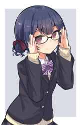 Rule 34 | 1girl, adjusting eyewear, bespectacled, black-framed eyewear, black jacket, blue hair, blunt bangs, blush, border, bow, bowtie, buttons, cardigan, closed mouth, collared shirt, commentary, glasses, gougoku, grey background, grey skirt, hair bow, hair bun, hands up, highres, idolmaster, idolmaster shiny colors, jacket, lapels, layered clothes, long sleeves, looking at viewer, morino rinze, multicolored bowtie, pleated skirt, purple bow, purple bowtie, red bow, school uniform, shirt, short hair, simple background, single hair bun, skirt, smile, solo, upper body, white border, white shirt, wing collar, yellow cardigan