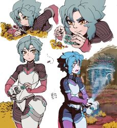Rule 34 | 1girl, aqua hair, arms at sides, bad link, blue hair, breasts, des (desvitio), gloves, hologram, holographic interface, lily (desvitio), neck, nose, open mouth, original, parted lips, plant, science fiction, short hair, small breasts, tree, very short hair, yellow eyes