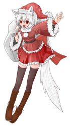 Rule 34 | 1girl, absurdres, animal ears, black legwear, boots, full body, hat, highres, inubashiri momiji, nightcap, open mouth, pom pom (clothes), red eyes, santa costume, santa hat, short hair, silver hair, simple background, solo, tail, touhou, white background, wolf ears