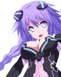 Rule 34 | 10s, 1girl, :o, absurdres, blue eyes, blush, braid, breasts, cleavage, covered navel, hair ornament, highres, leotard, long hair, looking at viewer, magical girl, neon trim, neptune (neptunia), neptune (series), open mouth, planeptune, power symbol, power symbol-shaped pupils, purple hair, purple heart (neptunia), solo, symbol-shaped pupils, transparent background, twin braids, upper body, very long hair, white background