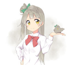 Rule 34 | 10s, 1girl, animalization, bird, bird on hand, blush, bow, brown hair, dot nose, green bow, hair bow, hand on own hip, long hair, long sleeves, love live!, love live! school idol project, minami kotori, minami kotori (bird), neck ribbon, nico dot, red ribbon, ribbon, shirt, side ponytail, smile, solo, upper body, white shirt, yellow eyes