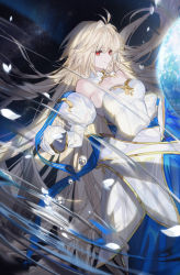 Rule 34 | 1girl, ahoge, archetype earth, arcueid brunestud, arlizi, blonde hair, detached collar, detached sleeves, dress, earth (planet), gloves, highres, long hair, planet, red eyes, sky, smile, star (sky), starry sky, strapless, strapless dress, tsukihime, water drop, white dress, white gloves