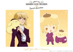 Rule 34 | absurdres, beret, blonde hair, brown beret, cagalli yula athha, collaboration, formal, gundam, gundam seed, gundam seed destiny, gundam seed freedom, hat, highres, mascot, official alternate costume, official art, pant suit, pants, pompompurin, promotional art, purple suit, sanrio, shirt, suit, white shirt, yellow eyes