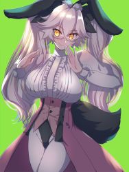 Rule 34 | 1girl, animal ear fluff, animal ears, black bow, black gloves, blush, bow, breasts, center frills, coattails, collared shirt, corset, dress shirt, fate/grand order, fate (series), fox tail, frills, glasses, gloves, green background, hair between eyes, hair bow, highres, koyanskaya (assassin) (second ascension) (fate), koyanskaya (fate), large breasts, long hair, long sleeves, looking at viewer, pantyhose, pink hair, rabbit ears, shirt, smile, solo, tail, tajima yoshikazu, thighs, twintails, underbust, white pantyhose, white shirt, yellow eyes