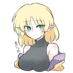 Rule 34 | 1girl, black shirt, blonde hair, blush, breasts, closed mouth, commentary request, expressionless, green eyes, highres, large breasts, looking at viewer, mizuhashi parsee, pointy ears, scavia10, shirt, short hair, simple background, sleeveless, sleeveless shirt, solo, touhou, upper body, white background