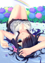 1girl :o after_rain arm_above_head bare_arms black_bra black_hair black_skirt blue_eyes blue_flower blurry blush bra bra_visible_through_clothes breasts cleavage collared_shirt commentary_request day depth_of_field floating_hair flower foreshortening full_body hair_flower hair_ornament hair_over_one_eye hair_spread_out hand_up highres hydrangea knees_up lace lace-trimmed_bra lace_trim large_breasts leaf long_bangs long_hair looking_at_viewer lying miniskirt nanatsu_(na_na_tsu) naruka_mizuki_(nanatsu_(na_na_tsu)) on_back open_mouth original outdoors partially_unbuttoned pink_flower pleated_skirt purple_flower rainbow ripples see-through_clothes see-through_shirt shiny_skin shirt sidelocks skirt sleeveless sleeveless_shirt solo sparkle thighs underwear upside-down very_long_hair water water_drop wet wet_clothes wet_shirt white_shirt x_hair_ornament