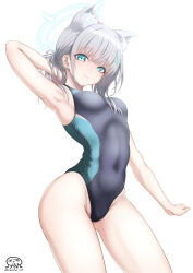 Rule 34 | 1girl, absurdres, animal ear fluff, animal ears, artist logo, black one-piece swimsuit, blue archive, blue eyes, breasts, commentary request, competition swimsuit, contrail, covered navel, cowboy shot, cross hair ornament, extra ears, grey hair, hair ornament, halo, highleg, highleg swimsuit, highres, jihanki (kunicho gt), low ponytail, medium breasts, medium hair, mismatched pupils, multicolored clothes, multicolored swimsuit, official alternate costume, one-piece swimsuit, shiroko (blue archive), shiroko (swimsuit) (blue archive), simple background, solo, standing, swimsuit, white background, wolf ears