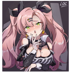 Rule 34 | 1girl, :o, arm under breasts, black ribbon, blush, breasts, cleavage, crop top, detached sleeves, earrings, green eyes, hair ornament, hair ribbon, hairclip, heart, heart necklace, highres, jewelry, large breasts, ld loc, long hair, looking at viewer, mole, mole on breast, necklace, nicole demara, parted lips, pink hair, ribbon, signature, simple background, solo, two side up, zenless zone zero
