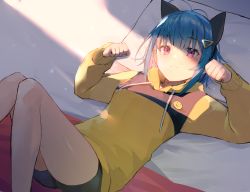 Rule 34 | 1girl, absurdres, animal ears, antenna hair, arms up, bed, black shorts, blue hair, clenched hand, commission, eyes visible through hair, fake animal ears, hair between eyes, hair ornament, hairclip, hands up, highres, hood, hoodie, knees together feet apart, light smile, lying, medium hair, on back, original, pillow, red eyes, ryou (ponpgo), shorts, sidelocks, skeb commission, smiley face, solo, sunlight, thighs, yellow hoodie