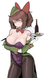 Rule 34 | 1girl, absurdres, bad id, bad pixiv id, bare shoulders, breasts, brown hair, chroong, cleavage, condom, cup, detached collar, drink, drinking glass, female focus, food, gloves, guardian tales, hat, highres, innkeeper loraine, large breasts, leotard, no bra, pantyhose, playboy bunny, ponytail, red ribbon, ribbon, shaded face, simple background, smile, solo, tray, white background, white gloves
