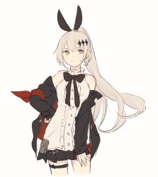Rule 34 | 1girl, animal ears, armband, bad id, bad twitter id, bare shoulders, black jacket, black skirt, blouse, bow, bowtie, breasts, brown eyes, cowboy shot, crescent, crescent earrings, earrings, fake animal ears, five-seven (girls&#039; frontline), girls&#039; frontline, hair between eyes, hair ornament, hand on thigh, hands on own hips, high ponytail, highres, jacket, jewelry, long hair, off shoulder, open clothes, open jacket, pleated skirt, ponytail, rabbit ears, shirt, sidelocks, silver hair, skirt, smile, solo, standing, tarouoga, white shirt