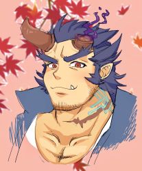 Rule 34 | 1boy, autumn leaves, bara, blush, broken horn, cropped shoulders, demon boy, demon horns, facial hair, fiery horns, goatee, highres, horns, long sideburns, looking at viewer, male focus, mature male, mememori (memento0726), muscular, muscular male, red eyes, scar, scar on neck, short hair, sideburns, smile, solo, stubble, takemaru (housamo), thick eyebrows, tokyo houkago summoners, tusks, unfinished