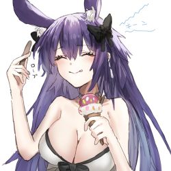 Rule 34 | 1girl, ^ ^, animal ears, arknights, bare arms, bare shoulders, bikini, black bow, blush, bow, breasts, cleavage, closed eyes, commentary request, food, hair between eyes, hair bow, hands up, highres, holding, holding food, horn/wood, ice cream, large breasts, official alternate costume, purple hair, rabbit ears, rope (arknights), rope (summer flowers) (arknights), solo, strapless, strapless bikini, swimsuit, translation request, upper body, white bikini