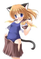 Rule 34 | 1girl, :d, animal ears, blue eyes, cat ears, cat tail, character request, clothes pull, flat chest, highres, kagura yuuki, one-piece swimsuit, open clothes, open mouth, open shirt, orange hair, school swimsuit, school uniform, shirt, skirt, skirt pull, smile, solo, source request, swimsuit, swimsuit under clothes, tail, undressing
