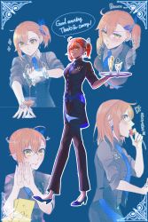 Rule 34 | 1girl, ahoge, bad id, bad pixiv id, black jacket, black pants, blue background, blue footwear, blue neckwear, blush, butterfly hair ornament, closed mouth, cocktail glass, collared shirt, cup, drinking glass, earrings, english text, fate/grand order, fate (series), fujimaru ritsuka (female), grey shirt, hair between eyes, hair ornament, high heels, highres, jacket, james moriarty (archer) (fate), james moriarty (gray collar) (fate), jewelry, long sleeves, multiple views, necktie, orange hair, pants, pumps, redrabbit44, shirt, short hair, side ponytail, sleeves rolled up, smile, wing collar, yellow eyes