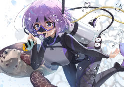 Rule 34 | 1girl, air bubble, alternate costume, ayul (ayulneri 92), bodysuit, breasts, bubble, commentary request, diving mask, diving suit, fate/grand order, fate (series), fish, goggles, hair between eyes, highres, large breasts, light purple hair, mash kyrielight, purple eyes, purple hair, scuba, scuba gear, scuba tank, sea turtle, short hair, solo, turtle, underwater, wetsuit