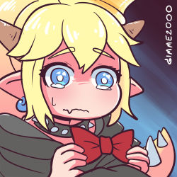 Rule 34 | 1girl, 1koma, absurdres, black dress, blue eyes, bowsette, bright pupils, collar, comic, commentary, dress, gimme2000, hair between eyes, highres, horns, mario (series), meitantei conan, new super mario bros. u deluxe, nintendo, parody, pointy ears, spiked collar, spikes, wavy mouth