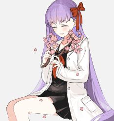 Rule 34 | 1girl, bad id, bad twitter id, black serafuku, black skirt, bnk oh, branch, cherry blossoms, closed eyes, coat, fate/extra, fate/extra ccc, fate (series), hair ribbon, highres, holding, holding branch, long hair, matou sakura, neckerchief, petals, pleated skirt, purple hair, red neckerchief, red ribbon, ribbon, sailor collar, school uniform, serafuku, simple background, skirt, smile, solo, white background, white coat