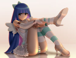 Rule 34 | 10s, 1girl, ass, blue hair, bow, bracelet, bridal gauntlets, brown eyes, colored inner hair, feet, hair bow, high heels, jewelry, long hair, long legs, multicolored hair, nail polish, necklace, panties, panty &amp; stocking with garterbelt, pantyshot, pink hair, purple nails, sandals, shoes, siraha, smile, solo, stocking (psg), striped clothes, striped panties, striped thighhighs, thighhighs, thighhighs pull, toenail polish, toenails, toes, underwear, undressing, wings
