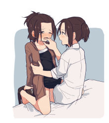 Rule 34 | 2girls, age difference, barefoot, bed, blush, brown eyes, brown hair, coat, coldcat., collarbone, ear blush, finger in another&#039;s mouth, gabi braun, jacket, kneeling, looking at another, medium hair, multiple girls, on bed, onee-loli, open mouth, sasha blouse, shingeki no kyojin, shirt, side ponytail, simple background, sitting, sweat, tears, white background, white coat, yuri