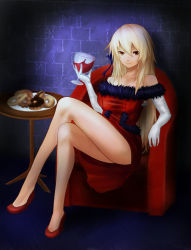 Rule 34 | 1girl, alcohol, armchair, bakemonogatari, bare legs, bare shoulders, blonde hair, chair, collarbone, couch, cup, doughnut, dress, drinking glass, elbow gloves, female focus, food, fur trim, gloves, hair between eyes, high heels, holding, kiss-shot acerola-orion heart-under-blade, legs, crossed legs, long hair, long legs, looking at viewer, mister donut, monogatari (series), oshino shinobu, plate, red eyes, red footwear, red upholstery, ryusuke1234, shoes, sitting, smile, solo, wall, white gloves, wine, wine glass, yellow eyes